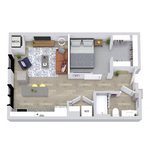 Floor plan for studio, 1 bath, 634 sqft