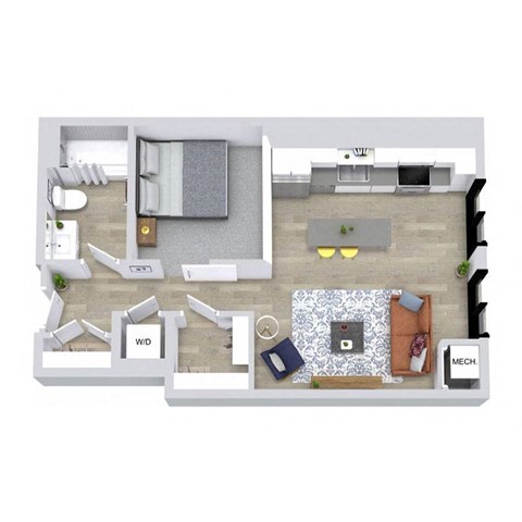 Floor plan for studio, 1 bath, 671 sqft