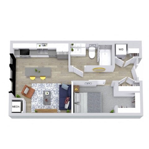 Floor plan for studio, 1 bath, 543 sqft