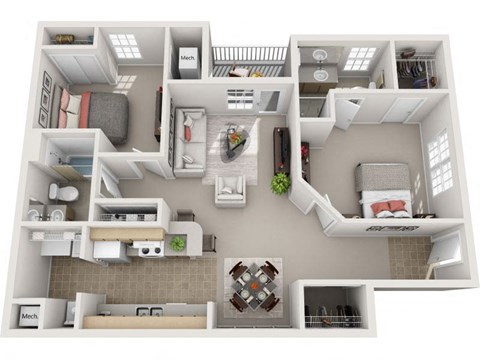 Floor plan for 2 beds, 2 baths, 1064 sqft