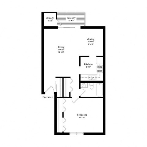 Floor plan for 1 bed, 1 bath, 774 sqft