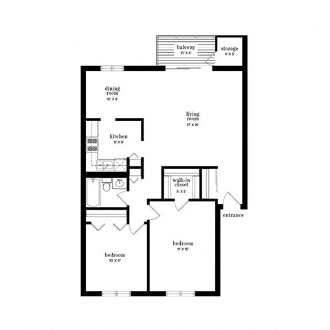 Floor plan for 2 beds, 1 bath, 960 sqft