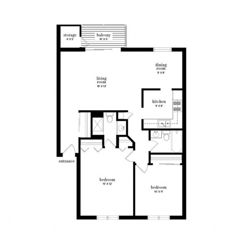 Floor plan for 2 beds, 2 baths, 983 sqft