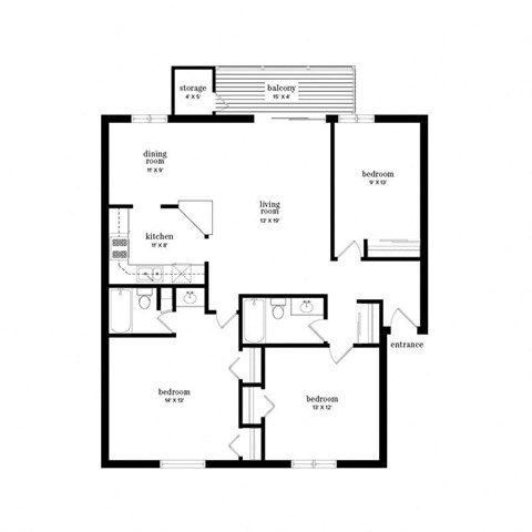 Floor plan for 3 beds, 2 baths, 1244 sqft