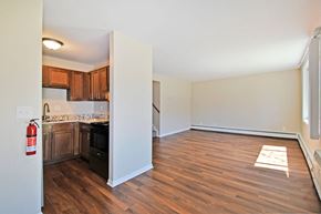Kalamazoo apartment for rent - a renovated living room and kitchen with wood flooring