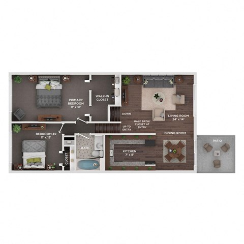 Floor plan for 2 beds, 1.5 baths, 905 sqft