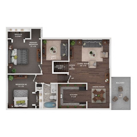 Floor plan for 2 beds, 1.5 baths, 945 sqft