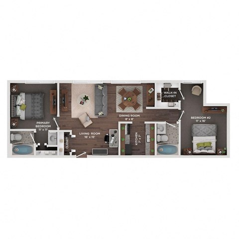 Floor plan for 2 beds, 2 baths, 800 sqft