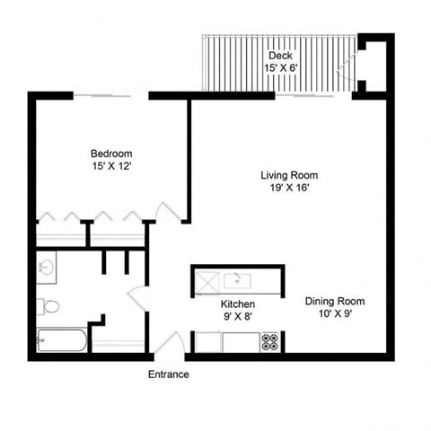 Floor plan for 1 bed, 1 bath, 948 sqft