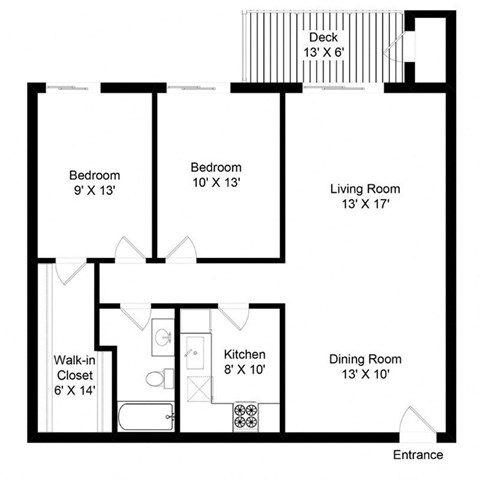 Floor plan for 2 beds, 1 bath, 993 sqft