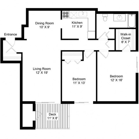 Floor plan for 2 beds, 1 bath, 1180 sqft