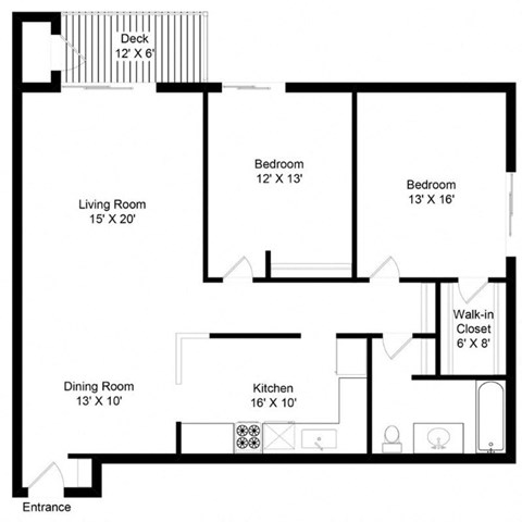 Floor plan for 2 beds, 1 bath, 1359 sqft