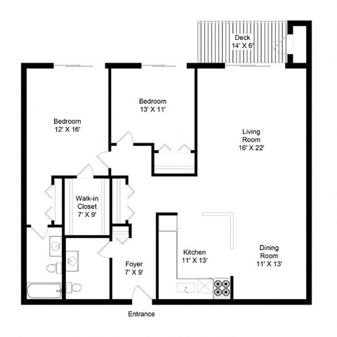 Floor plan for 2 beds, 1.5 baths, 1572 sqft