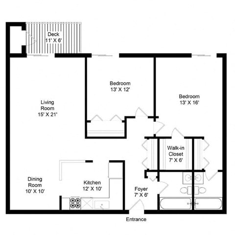 Floor plan for 2 beds, 2 baths, 1398 sqft