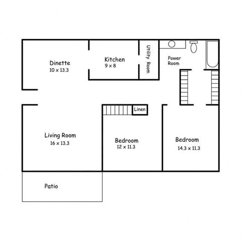 Floor plan for 2 beds, 1 bath, 950 sqft
