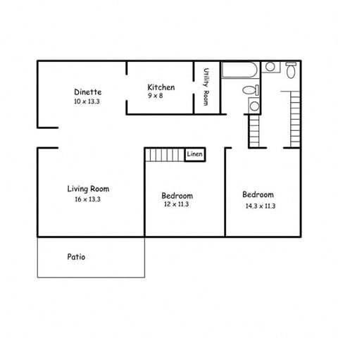 Floor plan for 2 beds, 1.5 baths, 950 sqft