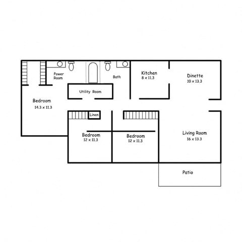 Floor plan for 3 beds, 1.5 baths, 1200 sqft