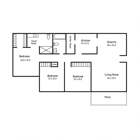 Floor plan for 3 beds, 2 baths, 1200 sqft