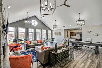 Clubhouse with pool table, kitchen, and lounge