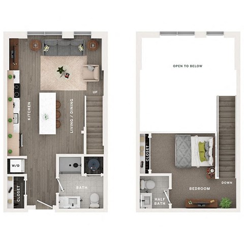 Floor plan for 1 bed, 1.5 baths, 720 sqft