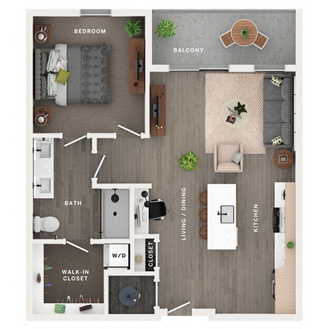 Floor plan for 1 bed, 1 bath, 805 sqft
