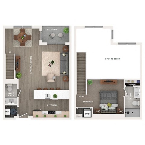 Floor plan for 1 bed, 1.5 baths, 921 sqft