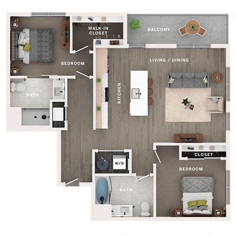 Floor plan for 2 beds, 2 baths, 1219 sqft