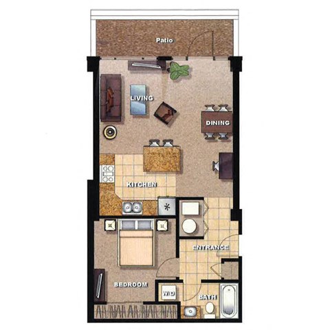 Floor plan for 1 bed, 1 bath, 656 sqft
