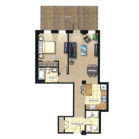 Floor plan for 1 bed, 1 bath, 773 sqft