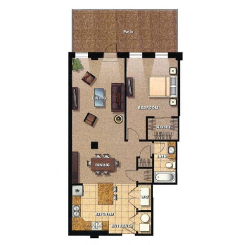 Floor plan for 1 bed, 1 bath, 914 sqft