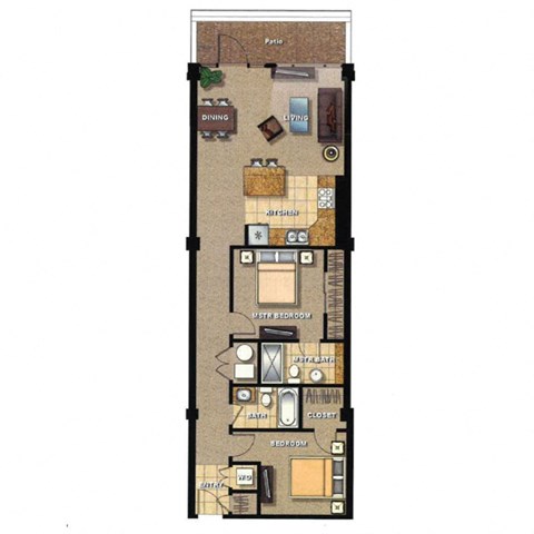 Floor plan for 2 beds, 2 baths, 933 sqft