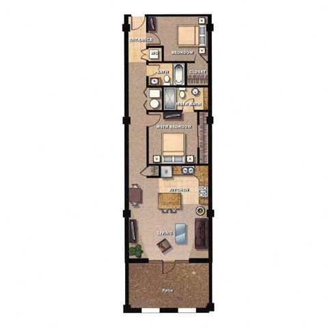 Floor plan for 2 beds, 2 baths, 938 sqft