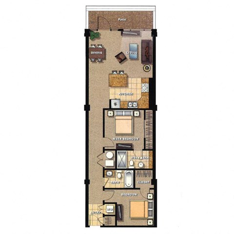 Floor plan for 2 beds, 2 baths, 942 sqft