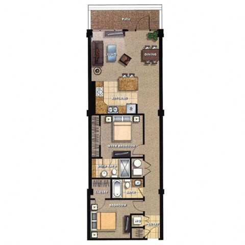 Floor plan for 2 beds, 2 baths, 975 sqft