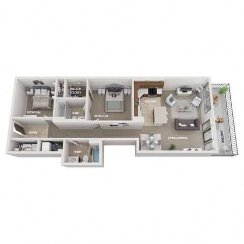 Floor plan for 2 beds, 2 baths, 1020 sqft