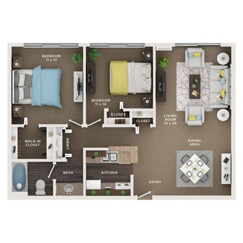 Floor plan for 2 beds, 1 bath, 765 sqft