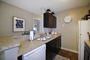 Lansing apartment for rent - A kitchen with a white dishwasher and black cabinets.