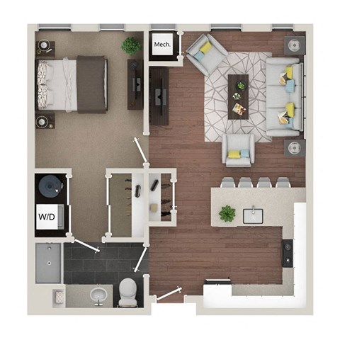 Floor plan for 1 bed, 1 bath, 698 sqft
