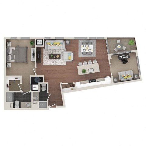 Floor plan for 1 bed, 2 baths, 1217 sqft