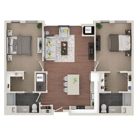 Floor plan for 2 beds, 2 baths, 1033 sqft