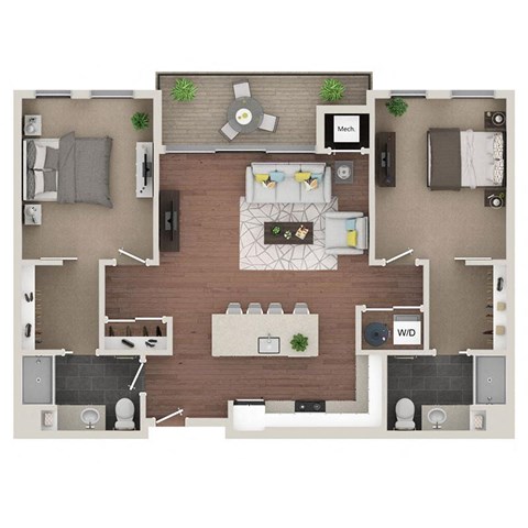 Floor plan for 2 beds, 2 baths, 1037 sqft