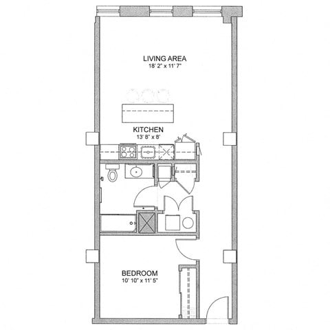 Floor plan for 1 bed, 1 bath, 784 sqft