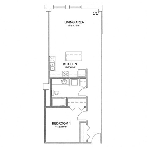 Floor plan for 1 bed, 1 bath, 798 sqft