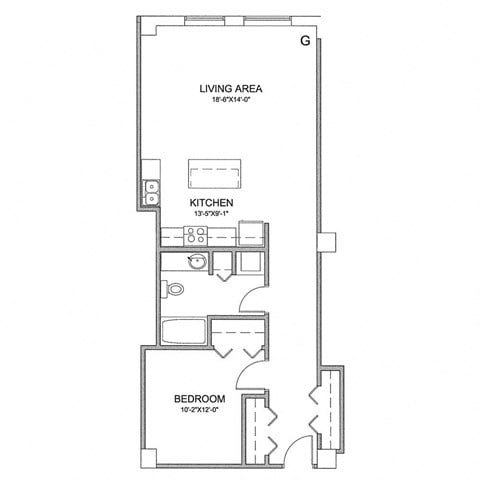Floor plan for 1 bed, 1 bath, 836 sqft