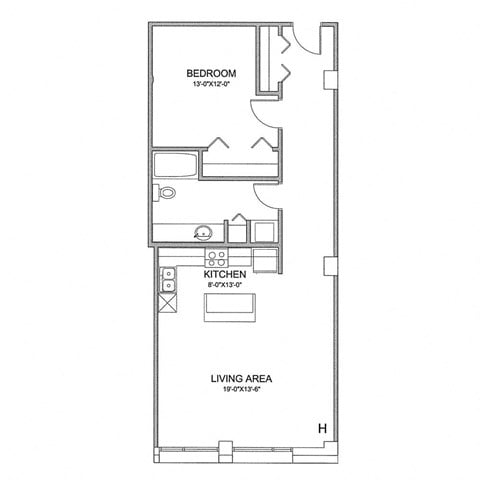 Floor plan for 1 bed, 1 bath, 852 sqft