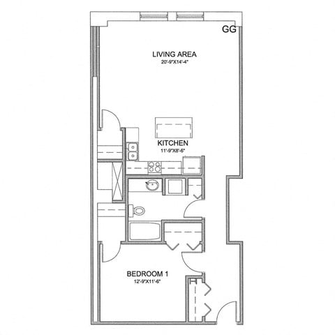 Floor plan for 1 bed, 1 bath, 894 sqft