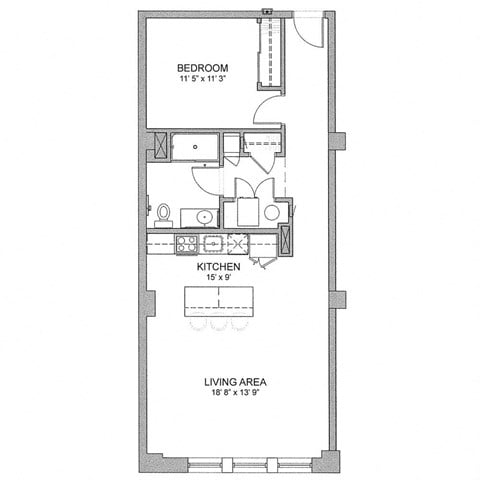 Floor plan for 1 bed, 1 bath, 952 sqft