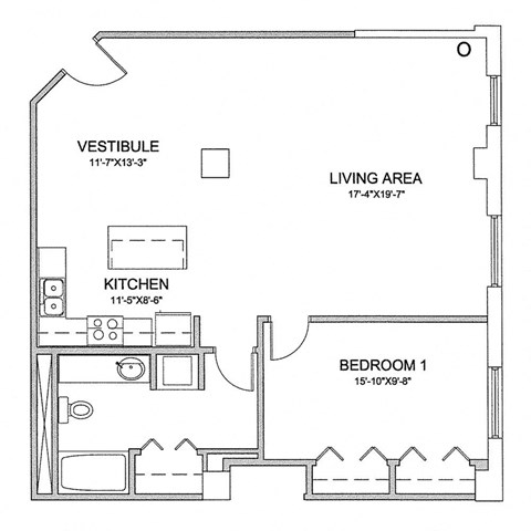 Floor plan for 1 bed, 1 bath, 974 sqft