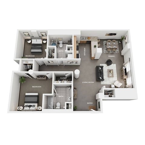 Floor plan for 2 beds, 2 baths, 1362 sqft