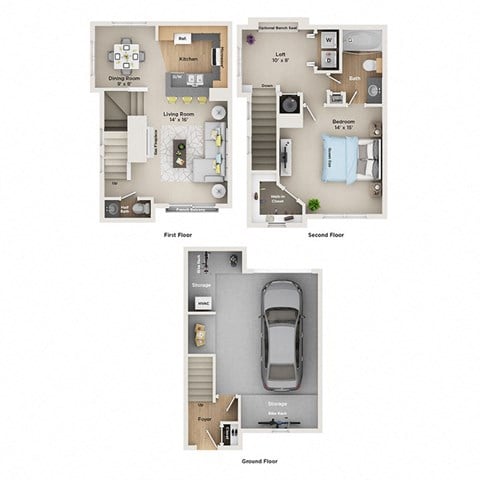 Floor plan for 1 bed, 1.5 baths, 1056 sqft